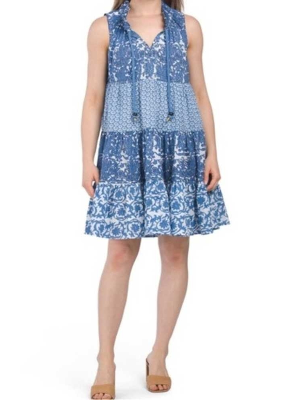 Chelsea & Theodore Blue and White Floral Tiered Mini Dress